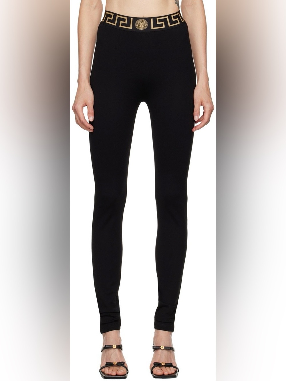 Versace Black Medusa Greca Leggings Gold Waistband Skinny Luxury XS/S